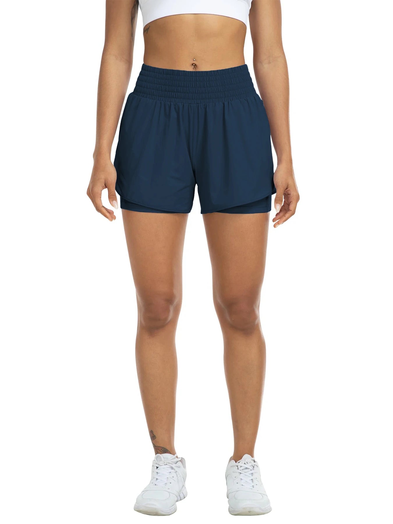 Women's high-waisted athletic shorts for running, yoga, layered design, anti-exposure, fitness, and workout with pockets