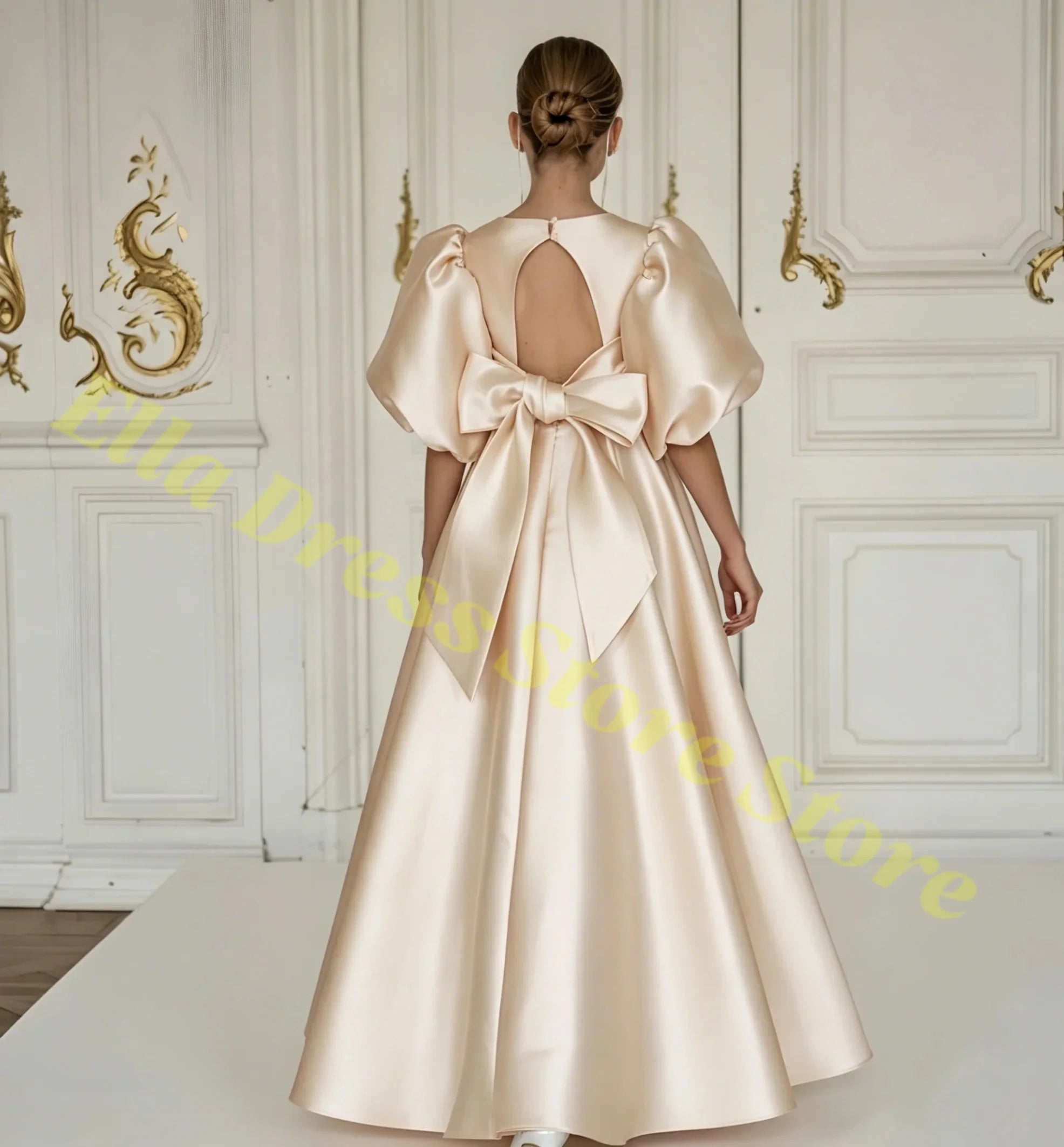 Elegant Girls Wedding Party Dress Satin Flower Girl Dress Bows Half Sleeves Formal Gala Dresses for Bridesmaid Dress Wholesale