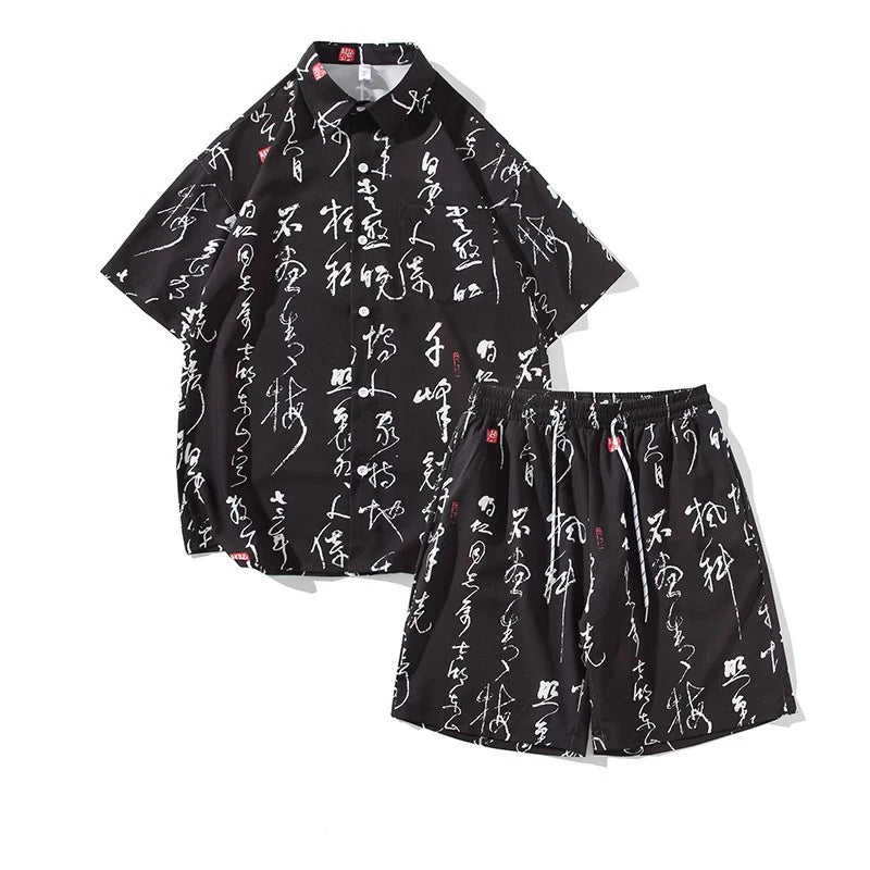 Summer Men's Tracksuit Sets Fashion Print Chinese Style Short Sleeeve Sports Casual Set Men Beach Suits Streetwear Shirts+Shorts