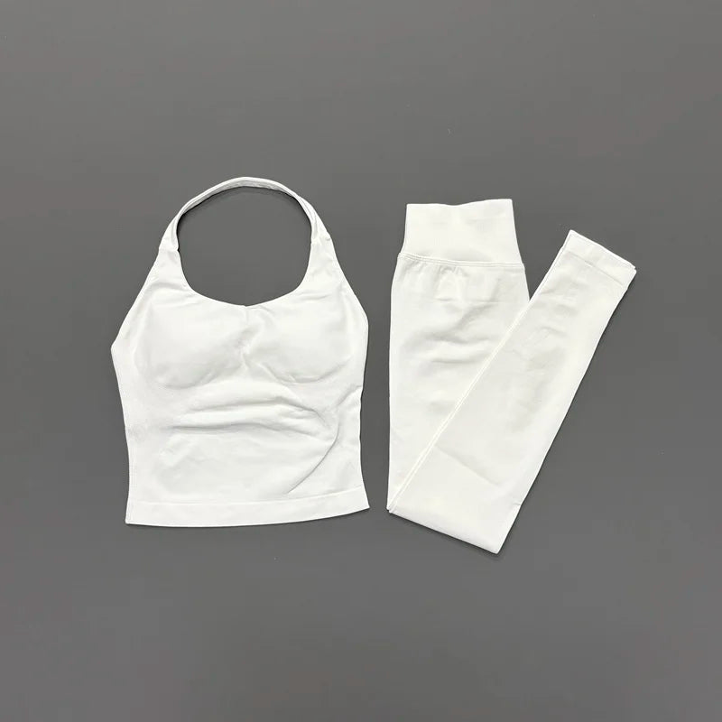 Women Yoga Set Seamless Sports Halter Neck Top Waist Trainer Leggings Suit Squat Proof Butt Lifting Workout Fitness Gym Clothing