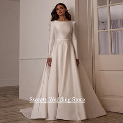 Modern Arabian Wedding Dress for Woman Customized Boat Neck Long Sleeves Sweep Train Open Back A Line Bride Bridal Gown