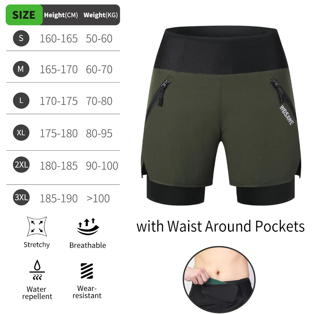 WOSAWE MTB Shorts Summer Men Cycling Shorts 2 in 1 Mountain Bike Padded Shorts Double Layer Downhill Bike Quick Dry Short Pants