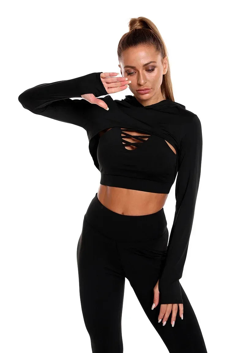 Ensemble Female 3 Pieces Yoga Set Gym Workout Clothes for Women Sport Long Sleeve Hoodie Sweater Active Wear Sport Set Tracksuit