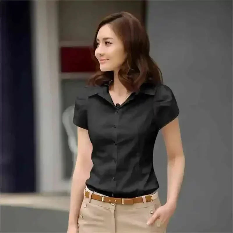 Women's Shirt 2026 Summer Women Top Female Black White Shirts Office Ladies Blouse OL Clothes Woman Short Sleeve Workwear