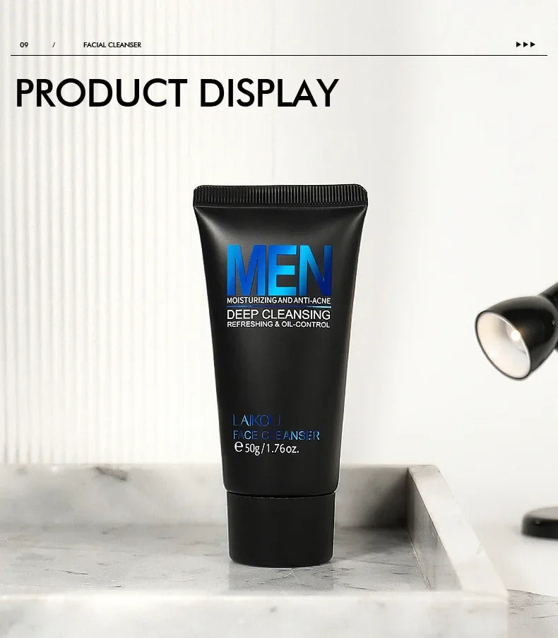 LAIKOU Men Face Cleanser 50g Deep Cleansing Oil Control Anti Acne Refreshing Moisturizing Facial Wash For Men Skin Care