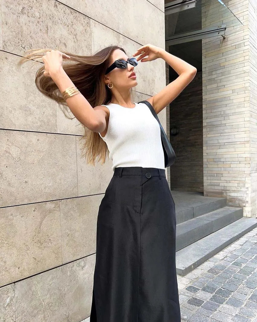 Black Loose Long Skirts Women A-Line Zip Skirts Ladies Elegant Summer Skirts Female With Pocket Ankle-Length Skirts