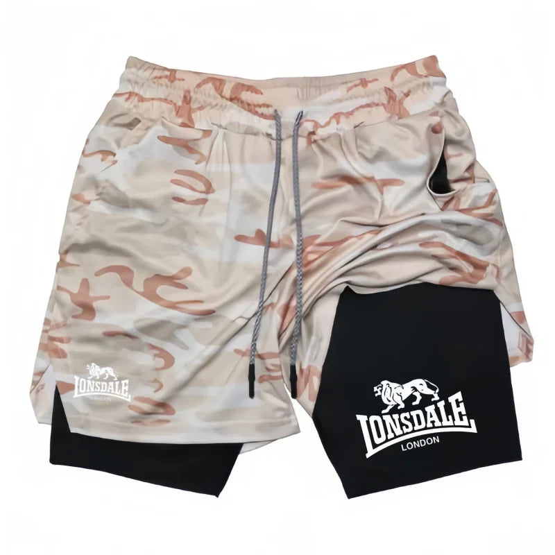 Print 2in1 Running Shorts for Men Gym Workout Compression Shorts with Phone Pocket Towel Loop Summer Sport Athletic Activewear