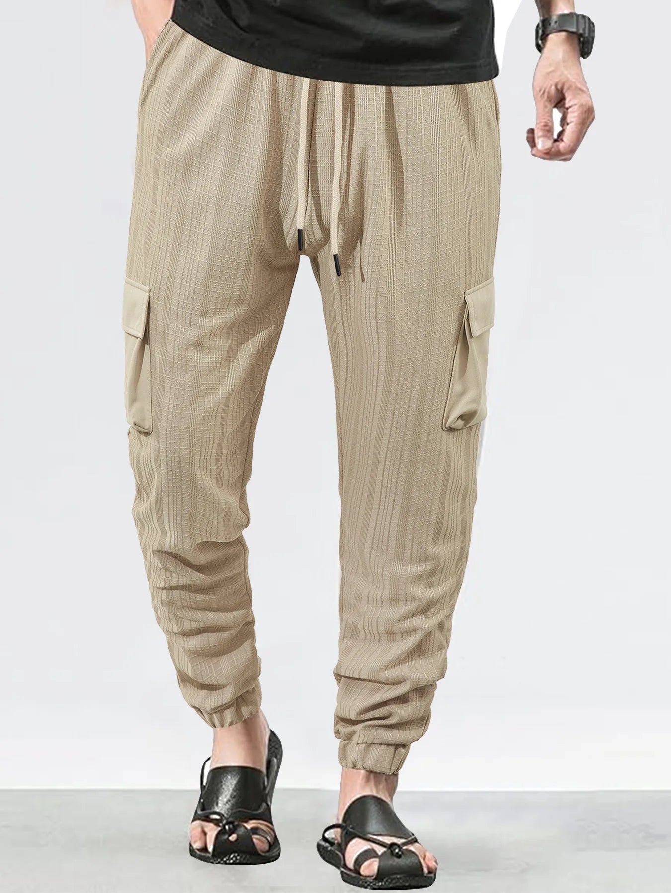 Men's Grid Cargo Joggers Drawstring Elastic Waist Multi Pocket Casual Ankle Length Trousers