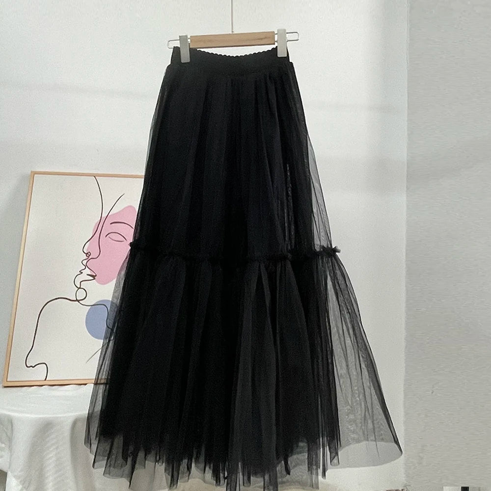 Pleated Lace Cake Midi Skirt