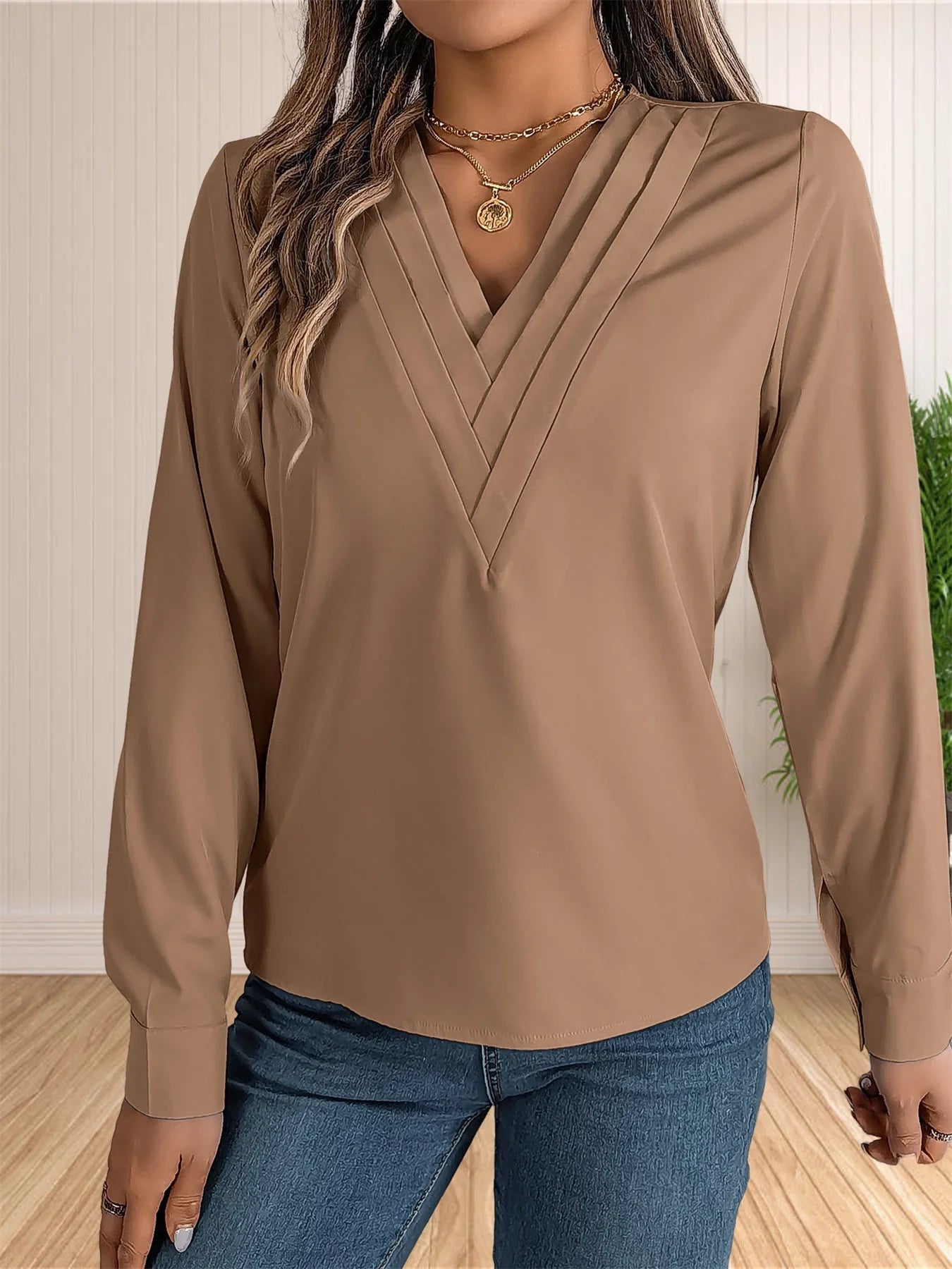 Elegant Layered V-Neck Work Blouse