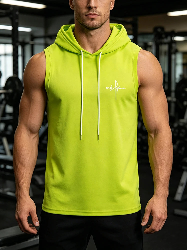Summer Men‘s Workout Tee Running Training Hooded Sleeveless Gym Fitness Top Fashionable Loose Quick Drying Sports Tank Top