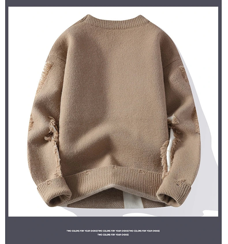 2026 Winter Fashion worn‑out design Sweater Men Casual Knit Pullovers Mens Thick Warm Loose Knitted Sweaters Streetwear Man