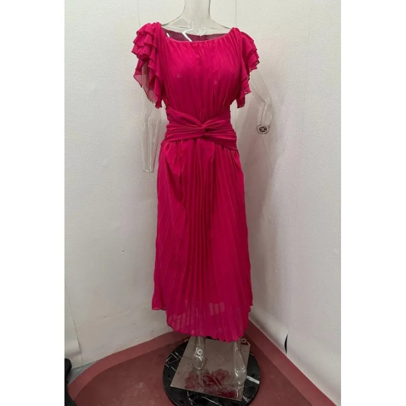 Wedding Guest Dress Elegant Party Long A Line Cap Sleeve Dresses Evening Pleated Off Shoulder Maxi Dress Fuchsia Pink Solid