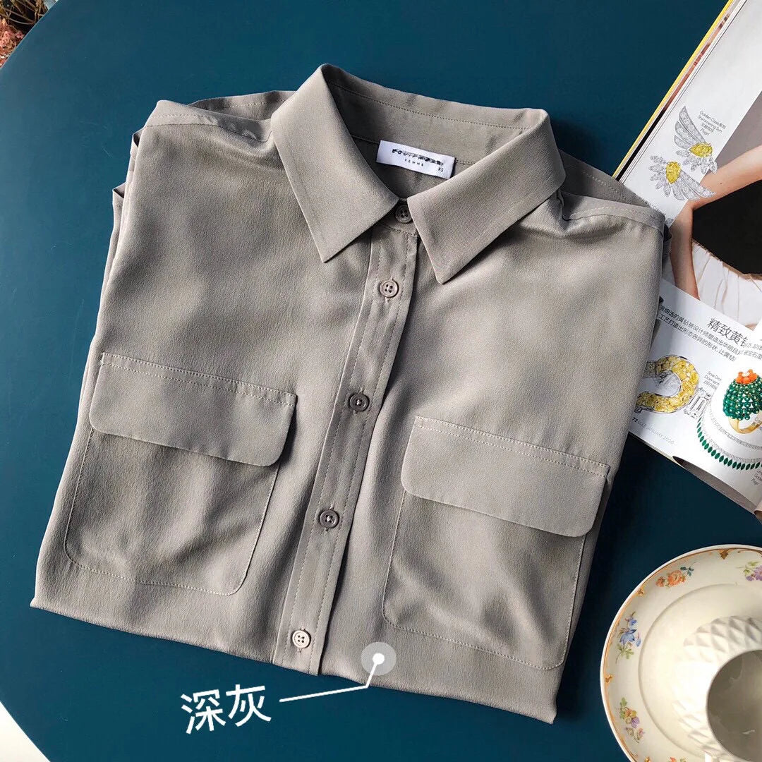 Women Real Silk Shirts Classic Double Pockets Solid Color Casual Fashion Long Sleeve Thin Shirt Blouses Tees