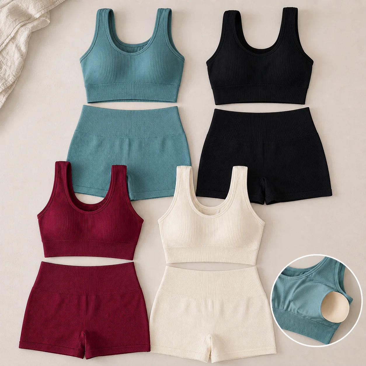 Seamless Ribbed Yoga Set 2 Piece Workout Outfit, Crop Tank Top & High Waist Biker Shorts Gym Suit for Fitness, Running, Pilates
