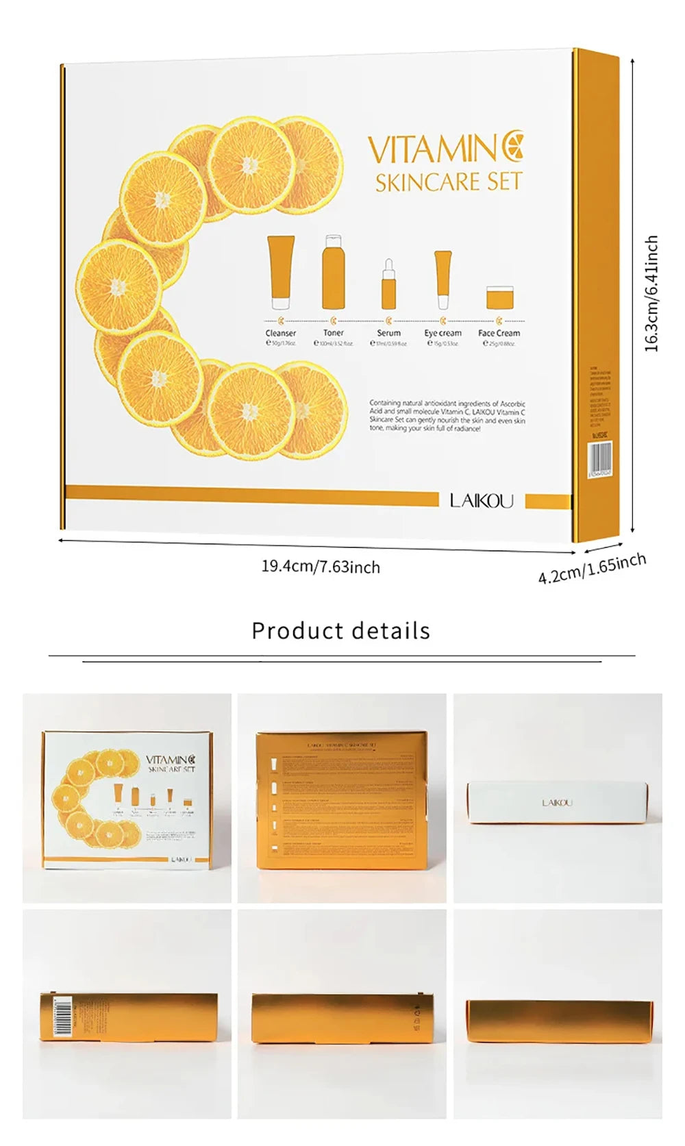 Vitamin C Skincare Set 5pcs(Cleanser-Toner-Serum-Eye Serum-Face Cream) + Natural Antioxidant Ingredients, Nourish Even Skin Tone