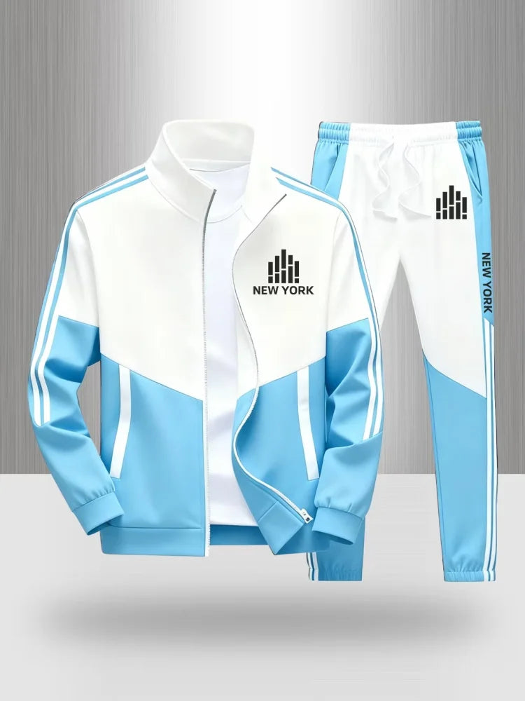 Tracksuit Men's New York Print 2 Piece Set Sportswear Color Block Zip Up Jacket and Jogger Pants Casual Striped Athletic Outfit