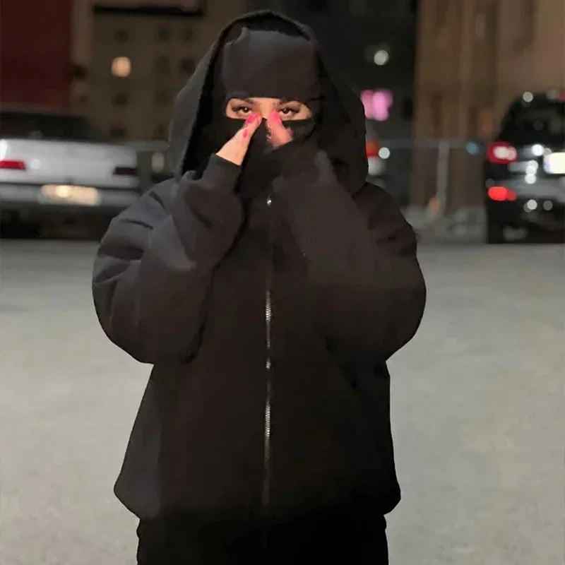 Unisex Hoodie Coat Warm Loose Balaclava Jacket Outdoor Sports Casual Jacket with Face Mask Street Wear