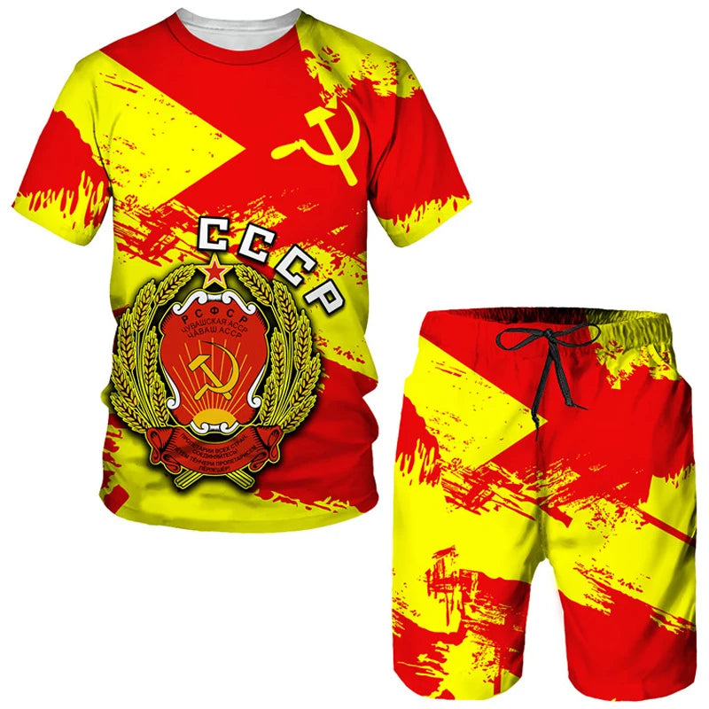 Men Tracksuit CCCP Russian 3D Print T-shirt Shorts Sets 2 Pieces USSR Soviet Union Style Streetwear Oversized Sportswear Suits