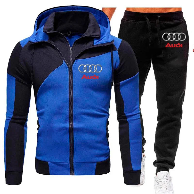 Tracksuit Audi Car Logo Print Sportswear 2 Pieces Sets Warm Fleece Clothing Hooded Sweatshirt+Pants Sport Suit Audi Men Clothing