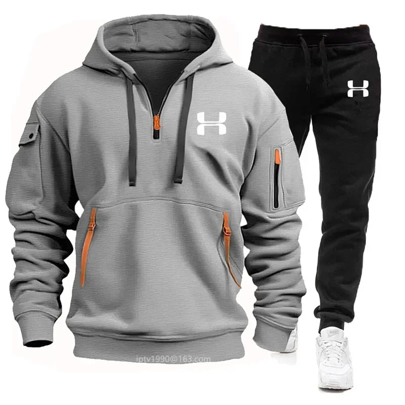 New Long Sleeve Hoodie with Zipper and Multiple Pockets for Men's Autumn and Winter + Sports and Leisure Pants Two-Piece Fitness