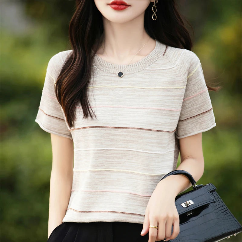Women's T-shirts Summer New 100% Cotton Short Sleeve Casual Striped Knit Blouse Round Neck Tops Loose Pullover Tees