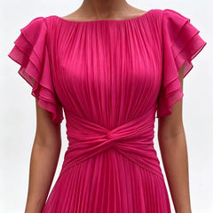 Wedding Guest Dress Elegant Party Long A Line Cap Sleeve Dresses Evening Pleated Off Shoulder Maxi Dress Fuchsia Pink Solid