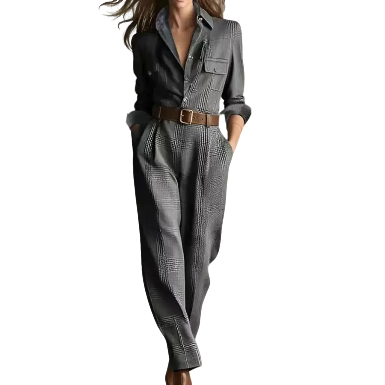 Beige Plaid Belted Shirt Jumpsuit