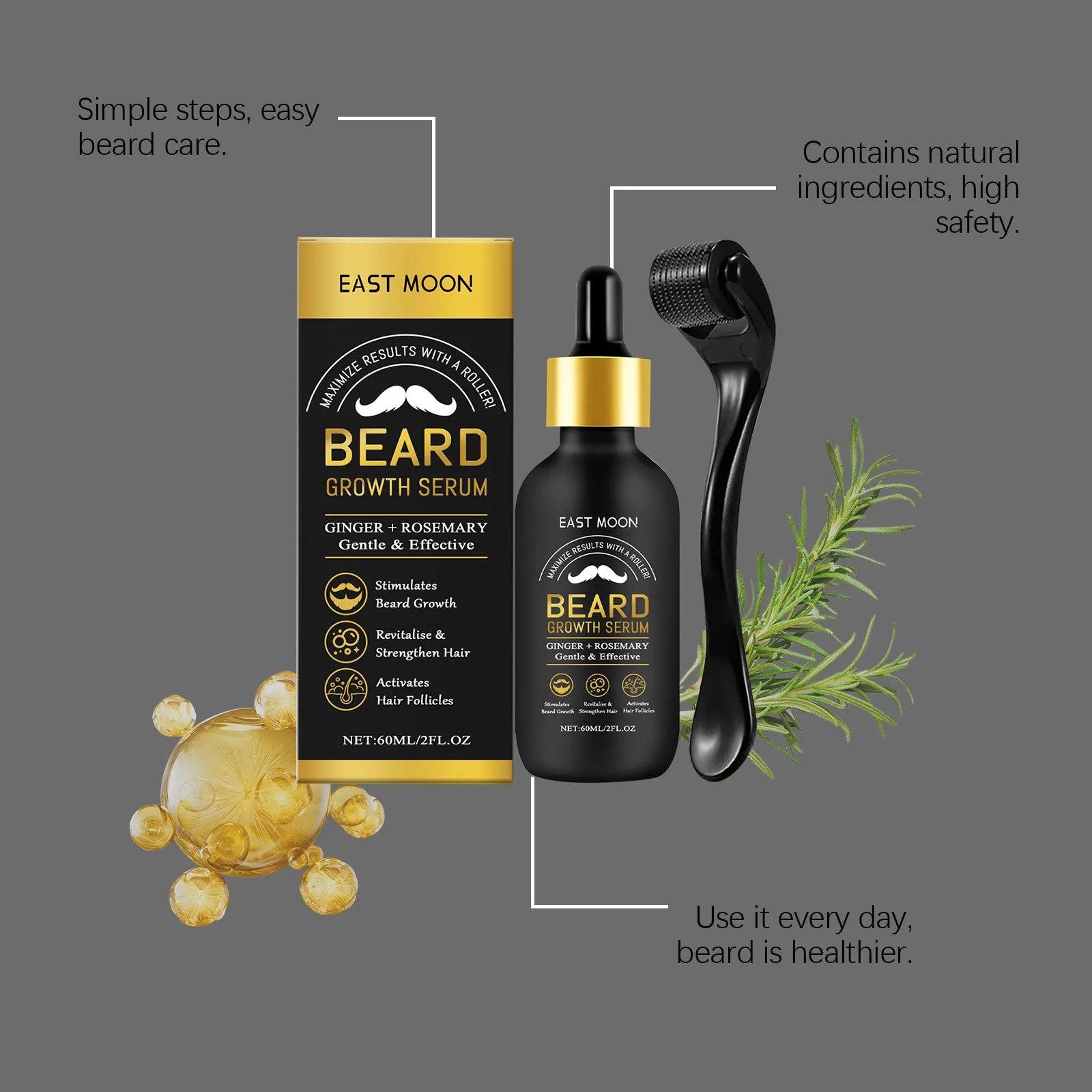 Beard Thickening Care Oil with Roller Ball 0.25mm Strengthen Hair Roots Nourishing Soften Beard Oil for Men Grooming Beard Care