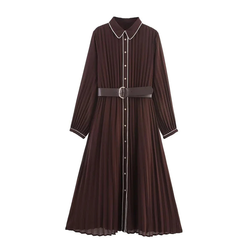 Elegant Pleated Belted Midi Dress
