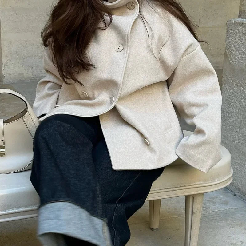 2025 Autumn Woolen Coats Women Casual Double Breasted Stand Collar Female Office Short Jackets Chic Lady Loose Street Outwear