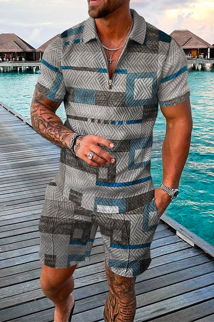 Summer Men's Tracksuit Short Sleeve Polo Shirt Set Fashion Luxury Chain Print Clothing 2 Pieces Casual Suit Streetwear Outfit