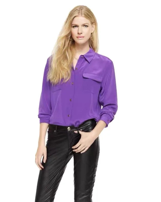 Women Real Silk Shirts Classic Double Pockets Solid Color Casual Fashion Long Sleeve Thin Shirt Blouses Tees