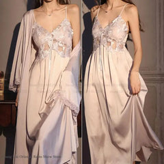 Elegant Female Long Robe Set Nightgown Silky Ice Silk Sleepwear Homewear SEXY Hollow Out Lace Nightdress Lingerie Loungewear