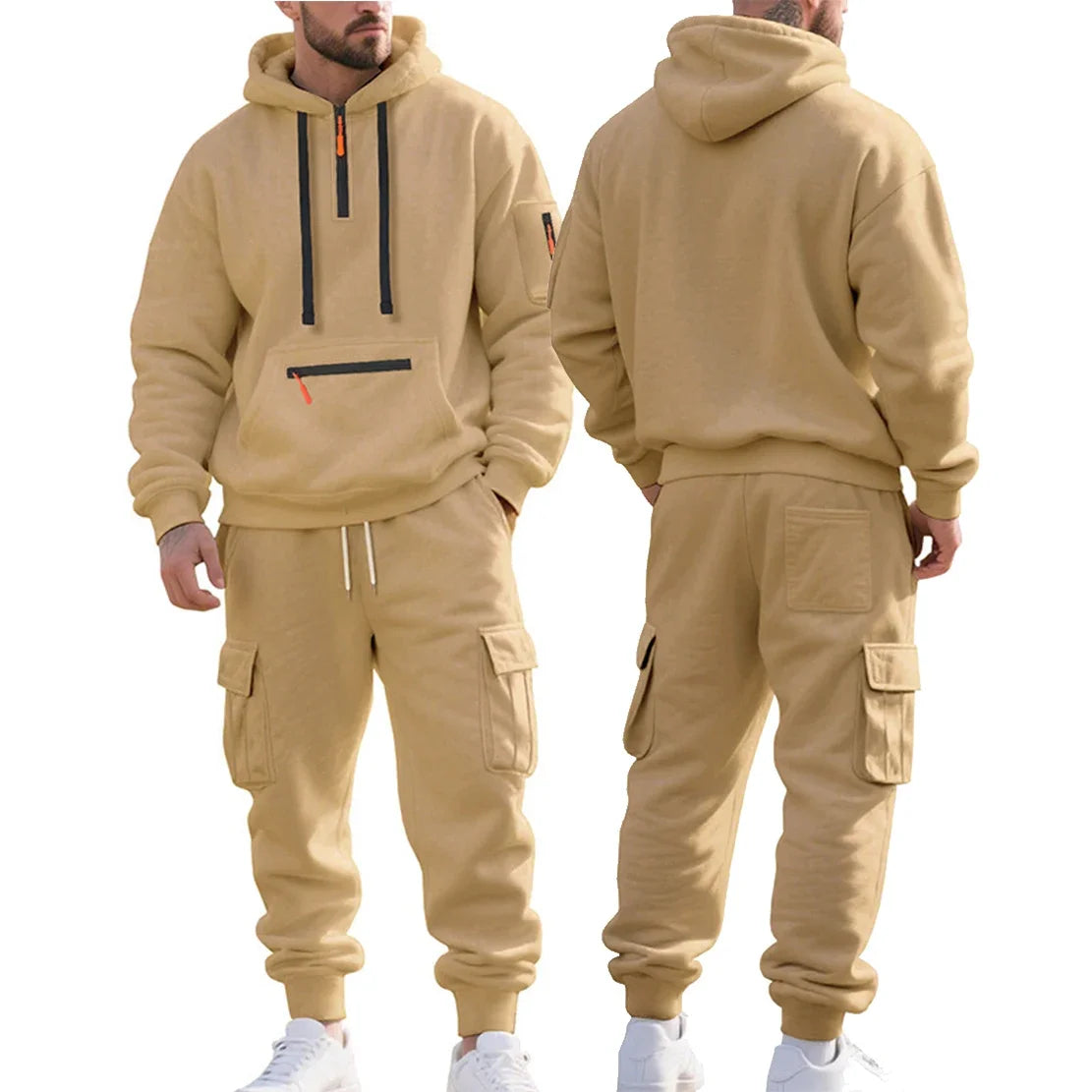 Men's Heavyweight Fleece-Lined Casual Tracksuit Set for Winter - Loose-Fit, Half-Zip, 2-Piece Workwear Style