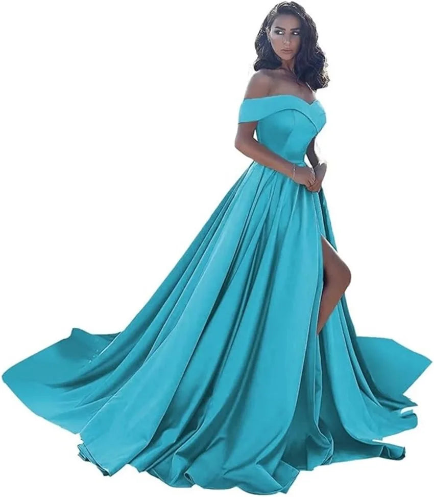Simple Off Shoulder Satin Evening Gown