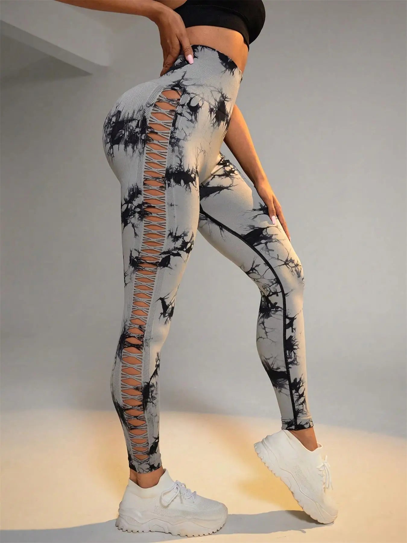 Women's Sporty Tie-Dyed Side-Cut Yoga Pants, Fashionable High-Waisted Hip-Lifting Sports Pants, Seamless Stretch Tight Pants