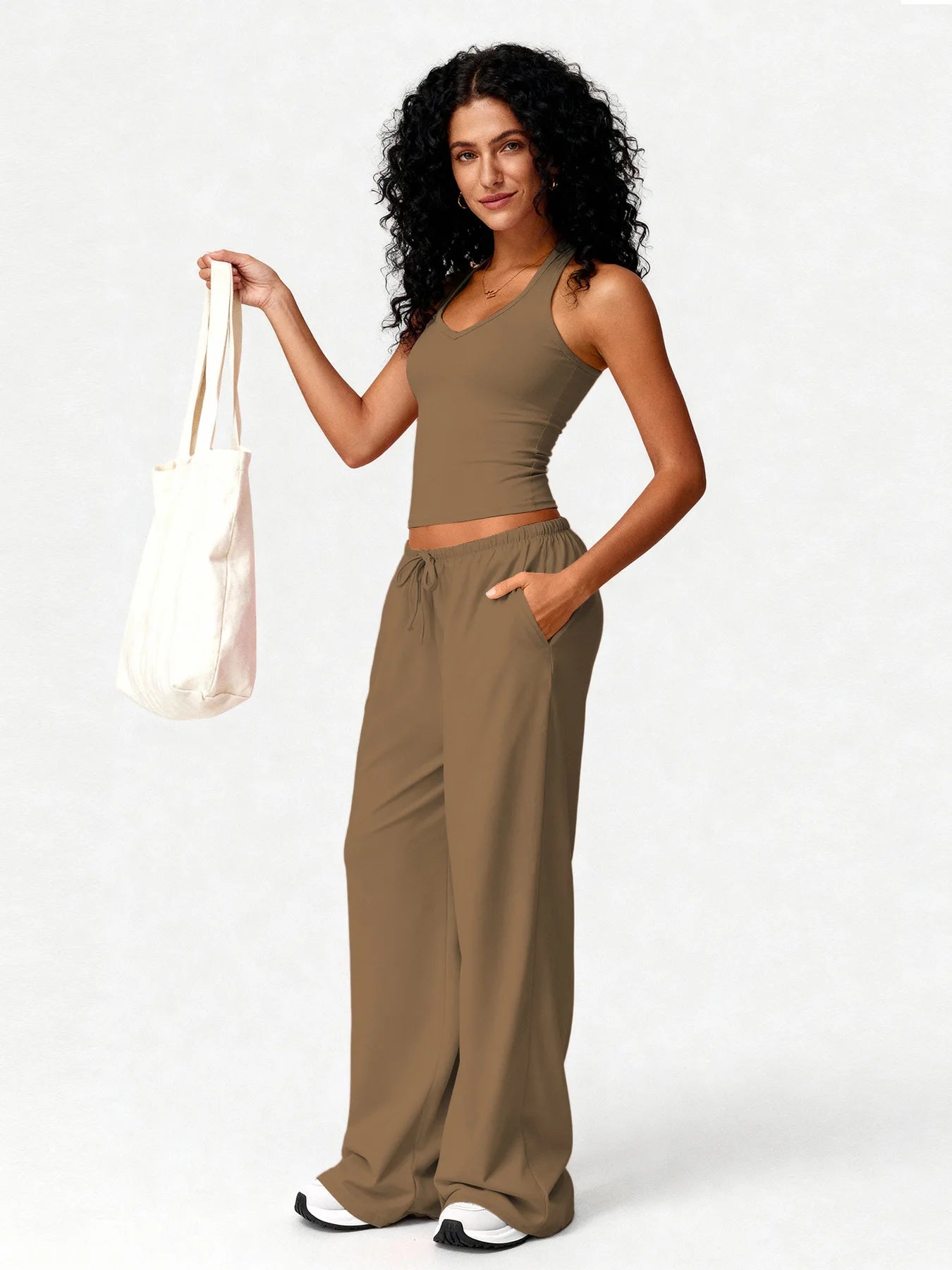 Women 2 Piece Yoga Outfit Ribbed Halter Crop Tank Top Drawstring Wide Leg Pants Set Casual Workout Gym Loungewear Tracksuit