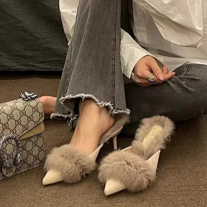 Fur Pointed Mule High Heels