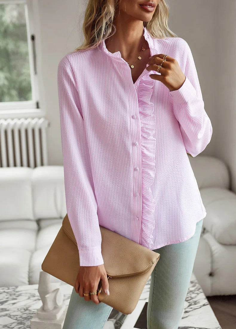 Women's Shirt Elegant Long Sleeve Ruched Stand Neck Office Lady Blouse Casual Button Shirts Harajuku Tunics Street Simple Tops