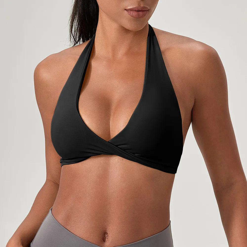 Strappy Bra for Women Open Back Halter Sports Bra Light Support Gym Crop Top Seamless Workout Yoga Top Bra Padded Bras