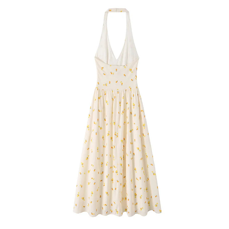 Women's Dress 2026 New Fashion Summer Hot Sale Printed Halter V-neck Satin Sexy Dating Women's Mid-Length Dress