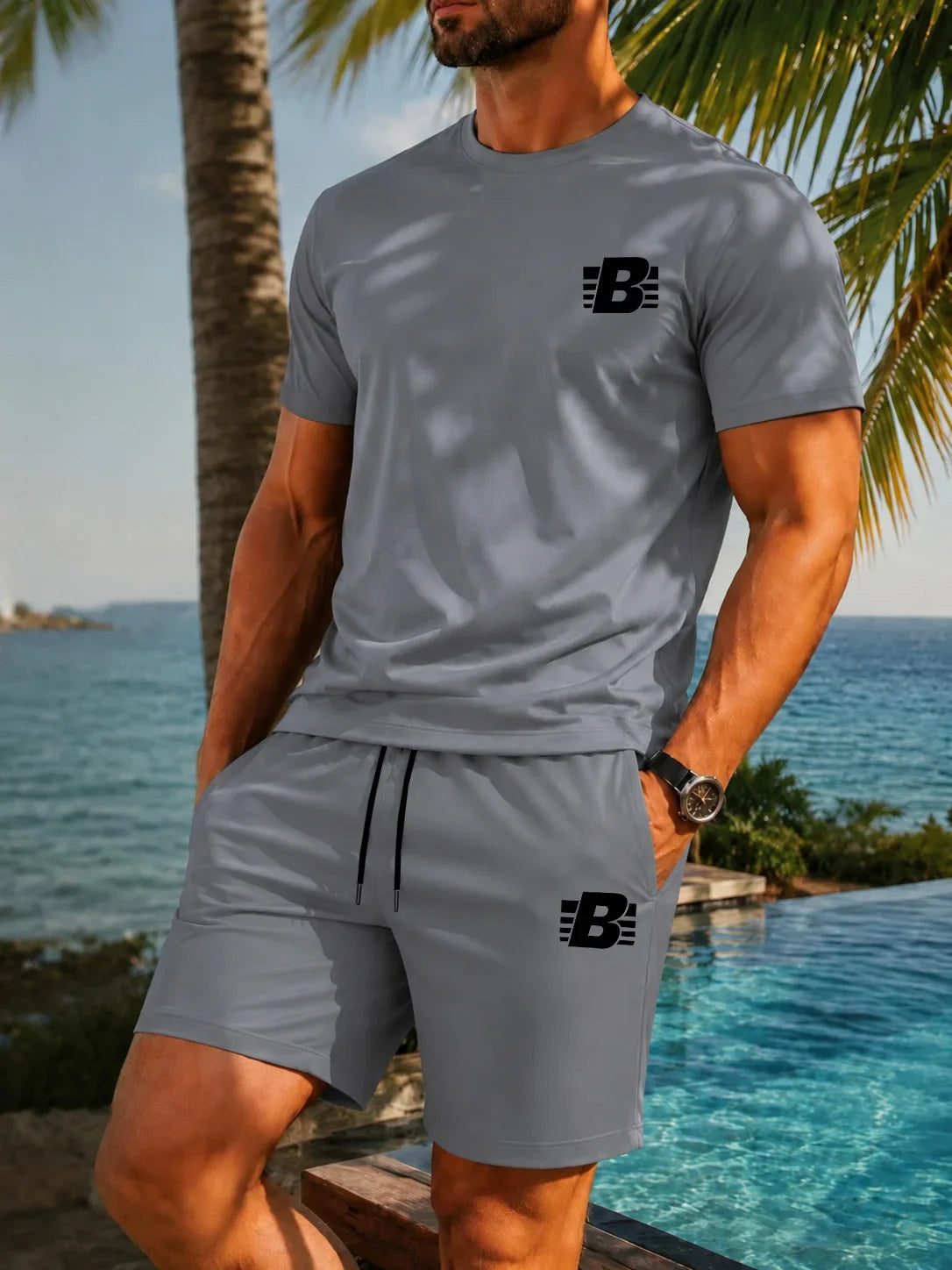 Men's 2-Piece Tracksuit Casual Sportswear Set Short Sleeve T-Shirt + Shorts Quick Dry Breathable Gym Fitness Running Outfit
