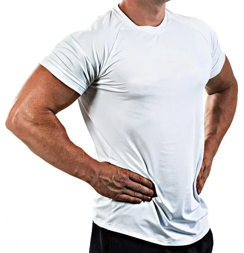 Summer Gym T-shirts Men's Solid Fitness Clothing O-neck Short Sleeve Tops Breathable Slim Bodybuilding Workout Muscle Tees Male