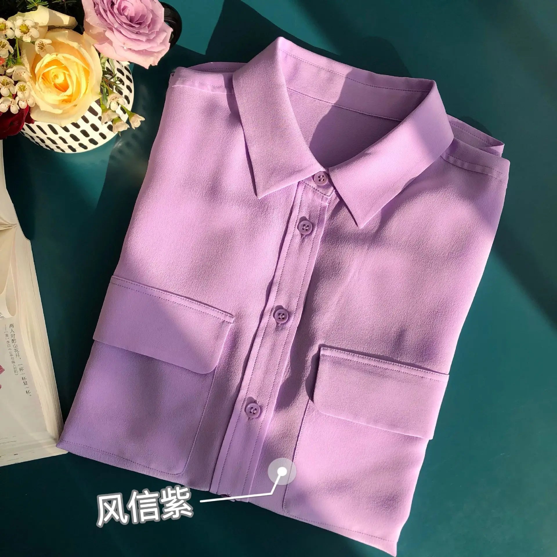 Women Real Silk Shirts Classic Double Pockets Solid Color Casual Fashion Long Sleeve Thin Shirt Blouses Tees