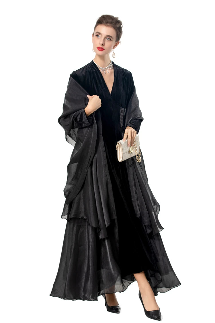 Velvet Ruffle V-Neck Evening Dress