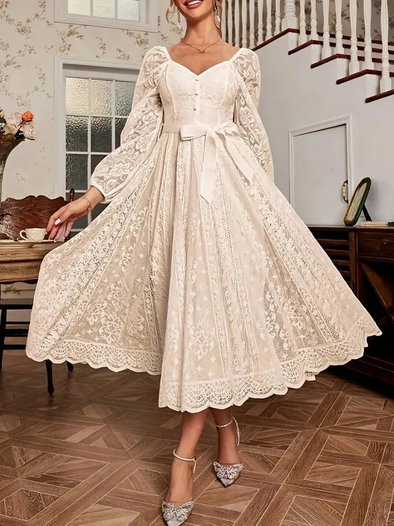 Elegant Party Dress For Woman Evening Prom Dresses Lace Long Gown V Neck Maxi Dress White Pink Floral Lace A Line Balloon Sleeve