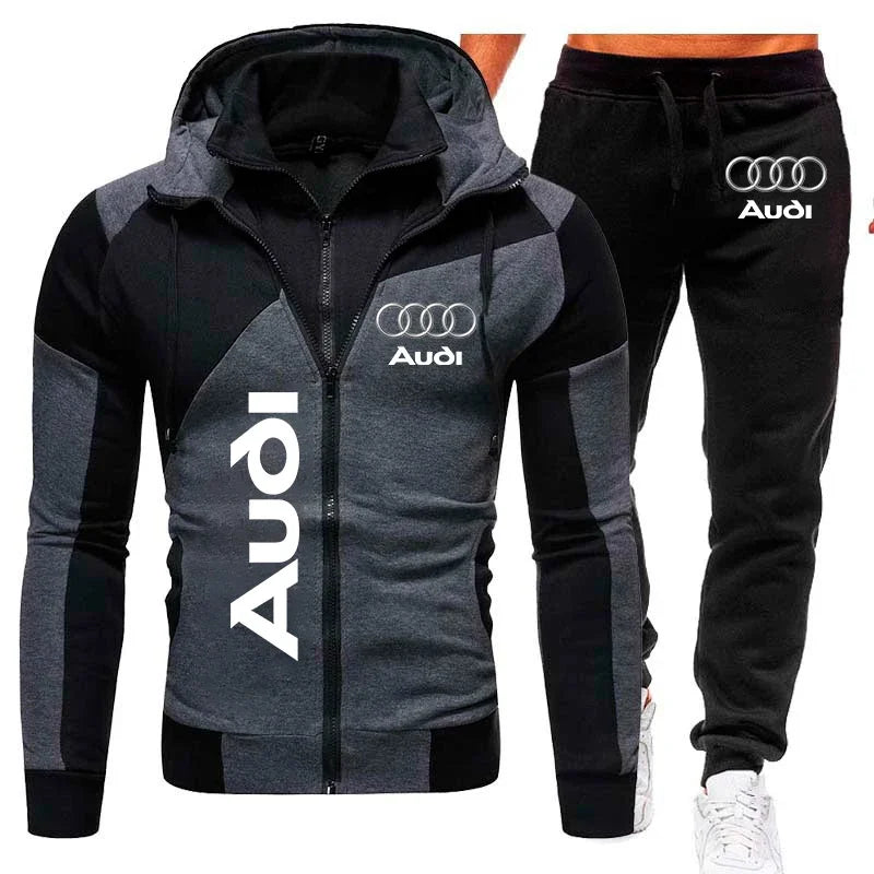 Tracksuit Audi Car Logo Print Sportswear 2 Pieces Sets Warm Fleece Clothing Hooded Sweatshirt+Pants Sport Suit Audi Men Clothing