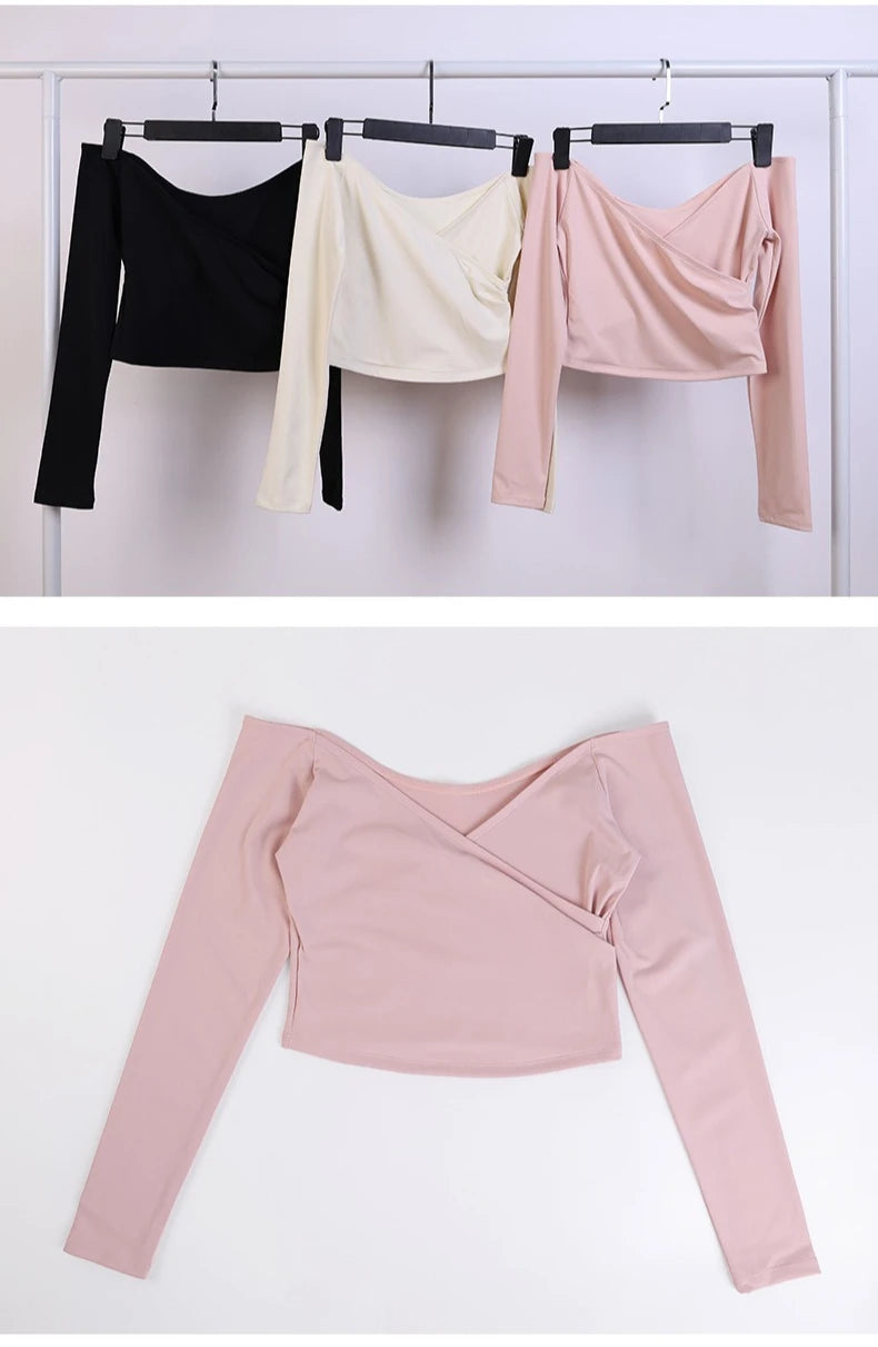 C-B Women's Yoga Set: Long-sleeved V-neck T-shirt & High-waisted Cuffed Shorts & Leggings, Suitable for Gym Workouts.