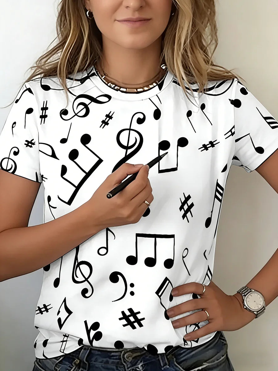 Women T-Shirt  Music Note Print Short Sleeve Crew Neck Casual Loose Fit Casual Top Spring Summer Daily Streetwear Versatile Top